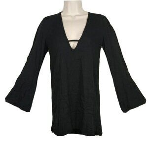 Tobi Dress Tunic Top Plunge V-neck Women Size S Black Long Bell Sleeves